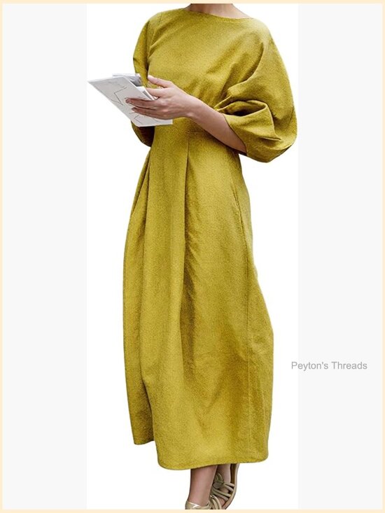 Dresses & Skirts - Vintage Linen Midi Dress Puff Sleeves Crew Neck Empire Waist with Pockets